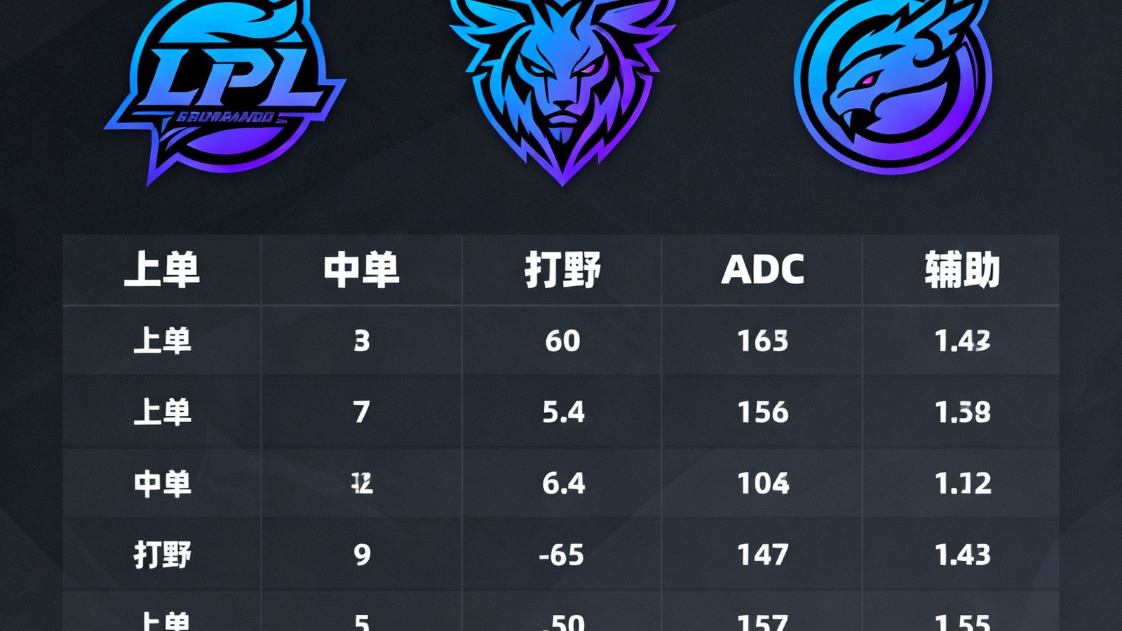 三支LPL顶尖战队的队标并列排列在深色背景上，下方展示各位置选手数据对比表格。